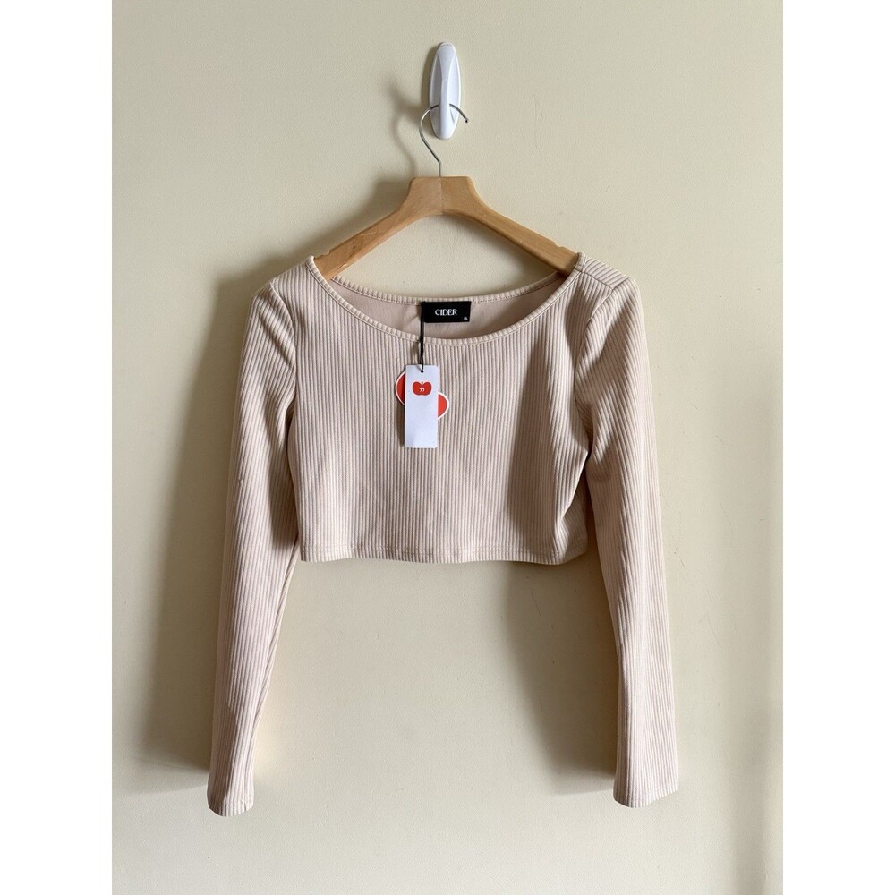 Women’s Cider Ribbed Cream Tan Long Sleeve Cropped Top Sz XL NWT